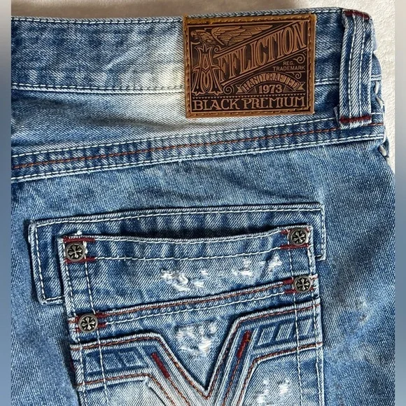 INSANE Y2K Affliction Black Premium BLAKE 34 Long Patch Distressed Jeans AC/DC - Picture 16 of 16